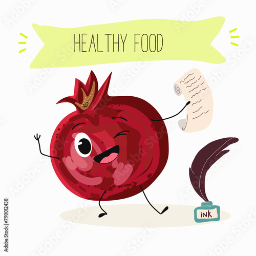 Cute garnet, pomegranate characters, funny fruits, characters with different activities. Flat vector illustration. Organic food, healthy food, illustrations for kids menu, invitations.