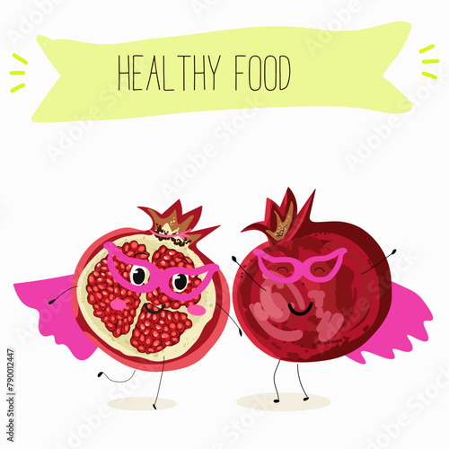 Cute garnet, pomegranate characters, funny fruits, characters with different activities. Flat vector illustration. Organic food, healthy food, illustrations for kids menu, invitations.