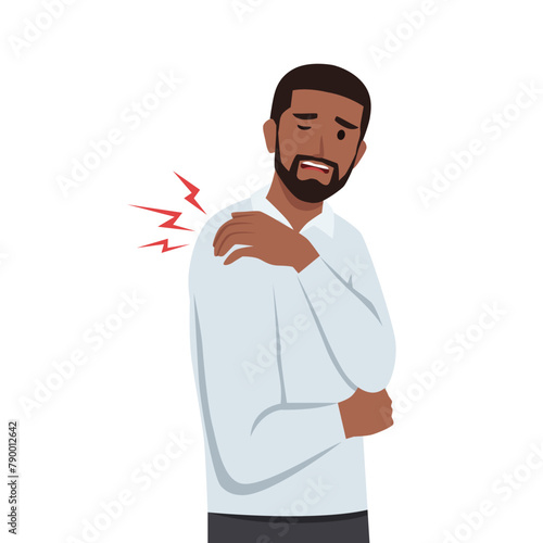 Man holds the left shoulder because he feels pain. shoulder disease. Flat vector illustration isolated on white background