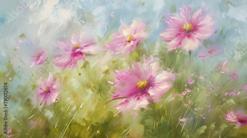 A field of pink cosmos flowers painted in a loose painterly style with a blue sky background  