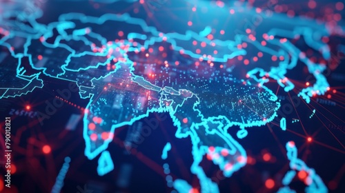 Digital map of Asia, concept of global network and connectivity, data transfer and cyber technology, business exchange, information and telecommunication