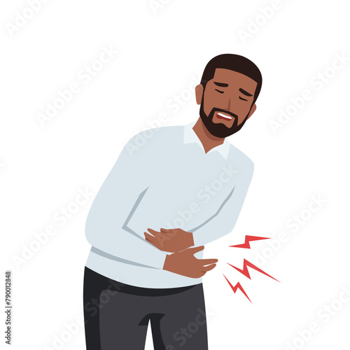Young man stomachache touching belly. Flat vector illustration isolated on white background