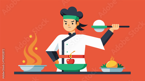 A cooking show host displays the dexterity and precision of their martial arts training while preparing a dish showcasing the influence of the