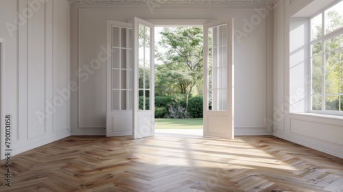 A large open door leads to a large open room with a lot of natural light. The room is empty and has a lot of windows