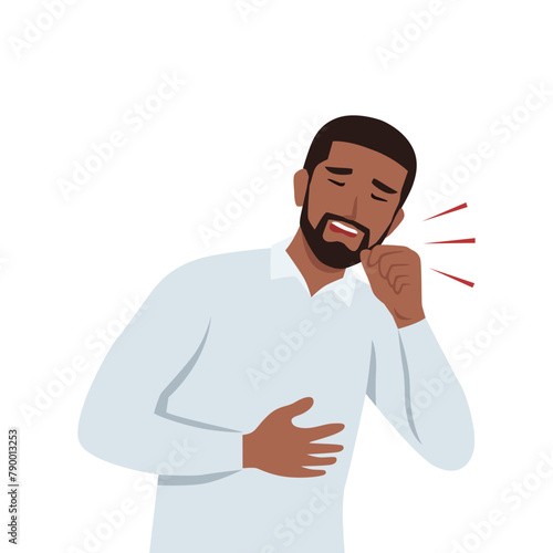 Sick man having dry cough. Man with asthma, allergy or cold. Sick. Flat vector illustration isolated on white background