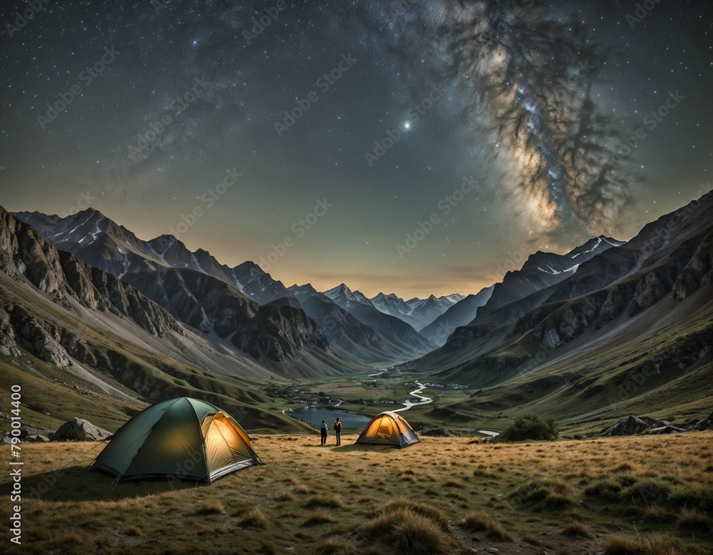 Under the Starlit Veil: Journeying into the Night's Embrace. Illuminated tents at night, in a valley, surrounded by mountains.