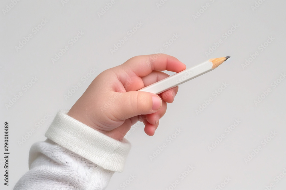 A close-up photo captures a small Asian infant's hand clutching a short white pencil, isolated on a clean white background. A close-up photo captures a small Asian infant's hand clutching a short white pencil, isolated on a clean white background.