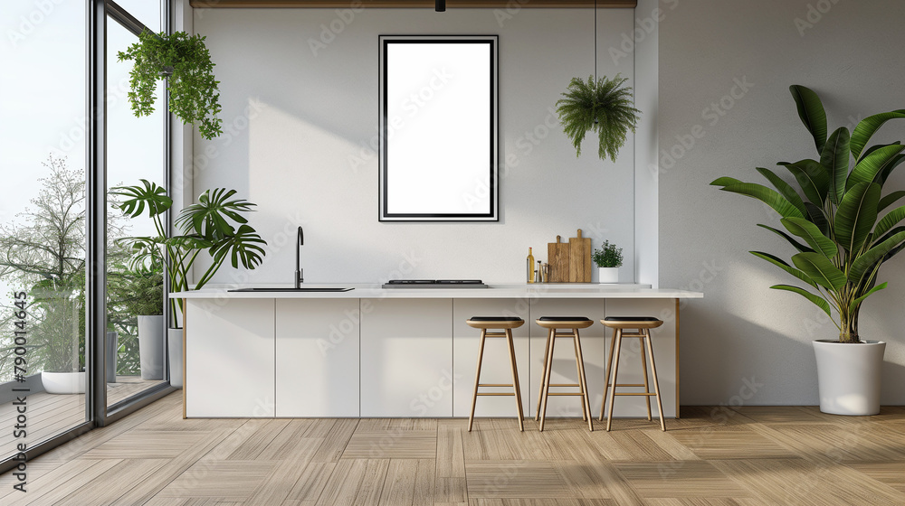 Frame mockup, poster mockup frame on kitchen wall, poster mockup, interior mockup with house background. Modern soft minimalism and boho interior design. 3D rendering style, modern luxury apartment Frame mockup, poster mockup frame on kitchen wall, poster mockup, interior mockup with house background. Modern soft minimalism and boho interior design. 3D rendering style, modern luxury apartment