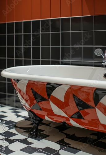 Modern Bathroom With Black and White Tiles and Red Bathtub