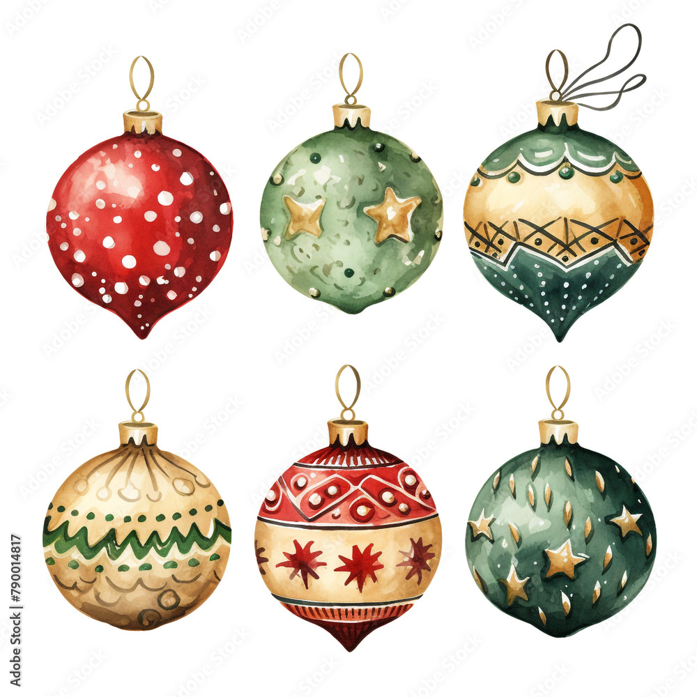 Set of Christmas baubles in watercolor style сreated with Generative Ai Set of Christmas baubles in watercolor style сreated with Generative Ai