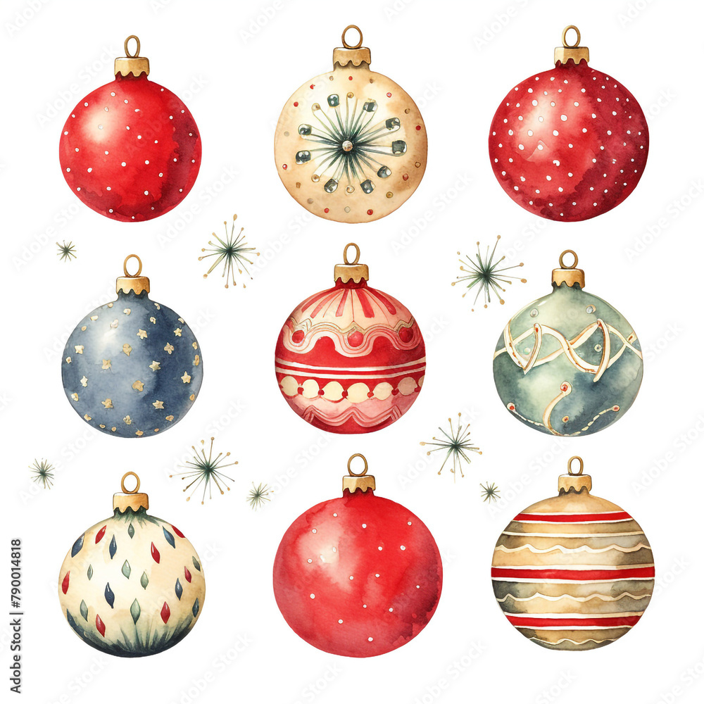 Set of Christmas baubles in watercolor style сreated with Generative Ai Set of Christmas baubles in watercolor style сreated with Generative Ai