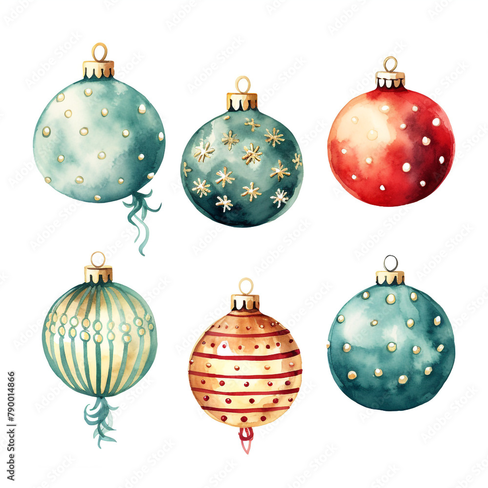 Set of Christmas baubles in watercolor style сreated with Generative Ai Set of Christmas baubles in watercolor style сreated with Generative Ai