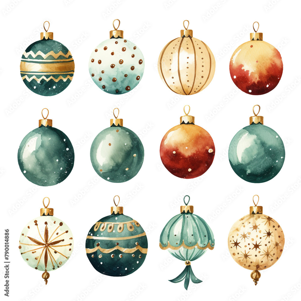 Set of Christmas baubles in watercolor style сreated with Generative Ai Set of Christmas baubles in watercolor style сreated with Generative Ai