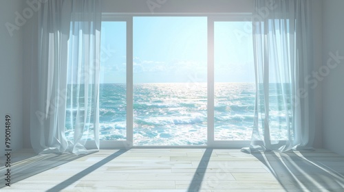 A large window overlooking the ocean with white curtains. The curtains are drawn  and the room is empty. Scene is calm and peaceful  as the view of the ocean is serene and beautiful
