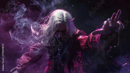 Sinister dark elf in a red jacket with long white hair photo