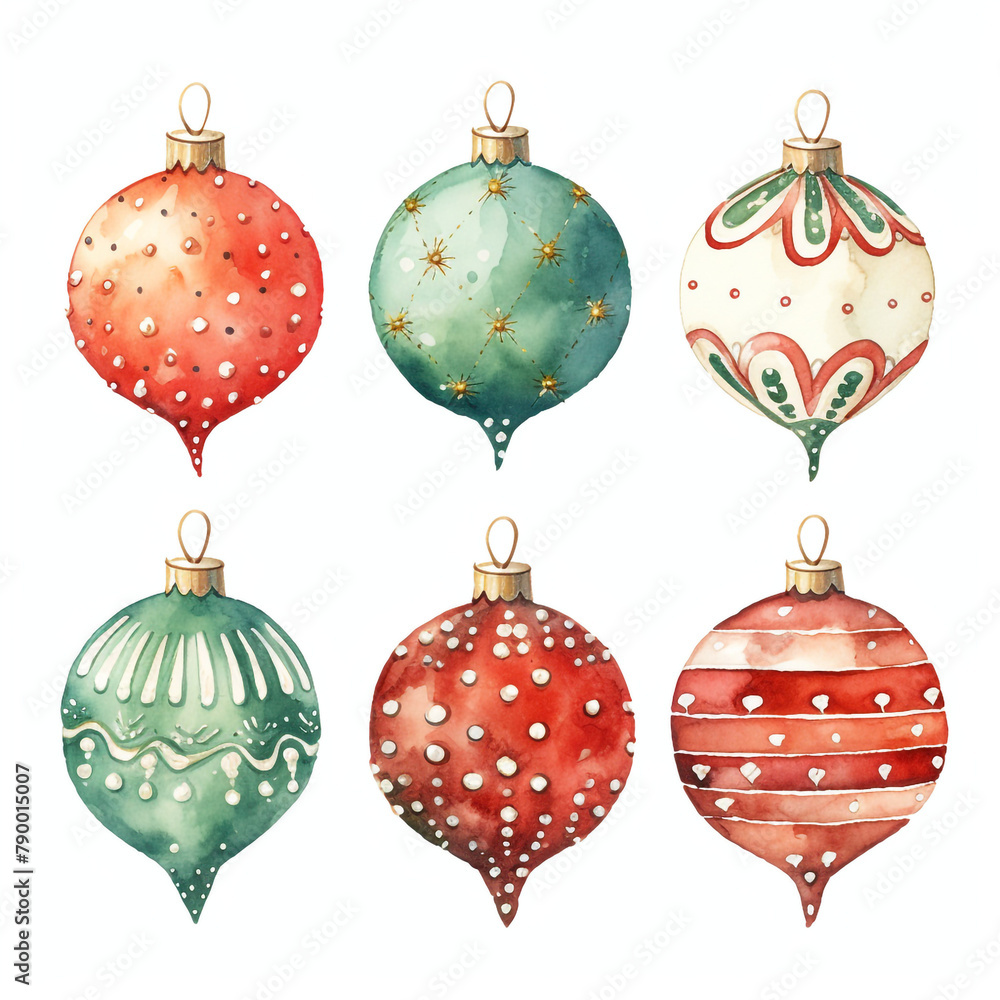 Set of Christmas baubles in watercolor style сreated with Generative Ai Set of Christmas baubles in watercolor style сreated with Generative Ai