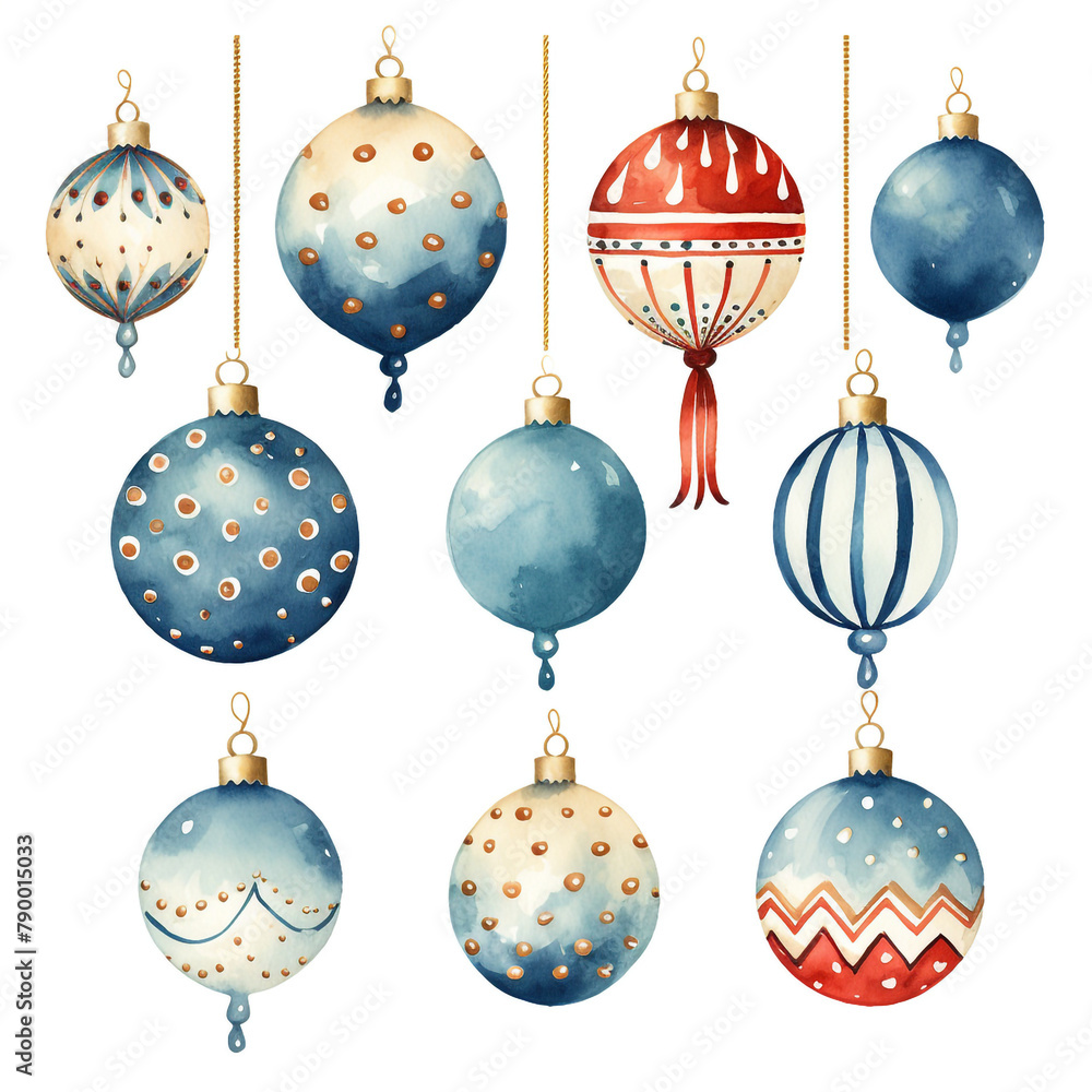 Set of Christmas baubles in watercolor style сreated with Generative Ai