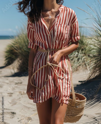 Woman in Red and White Striped Dress on Beach