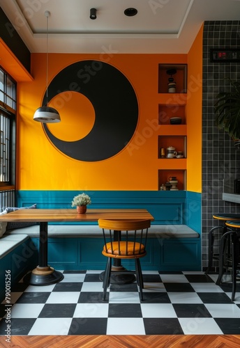 Dining Room With Checkered Floor and Orange Walls