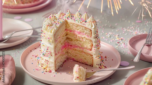 Slice of Cake With White Frosting and Sprinkles