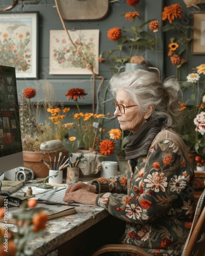 portrait of old woman working at computer. Small business, Unretirement concept. heading back to work, reentering the workforce, financial stability.