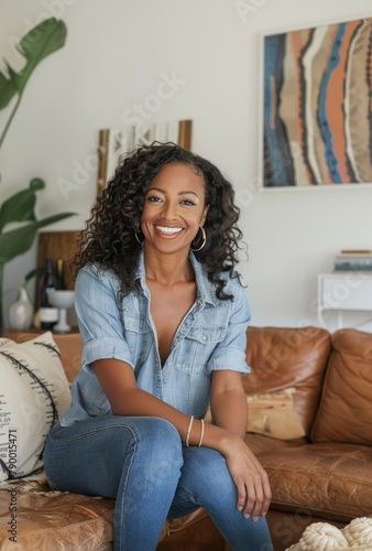 Woman Sitting on Couch in Living Room