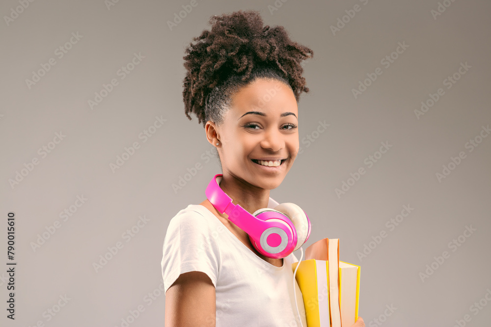 Fashion meets study, woman with vibrant headphones Fashion meets study, woman with vibrant headphones
