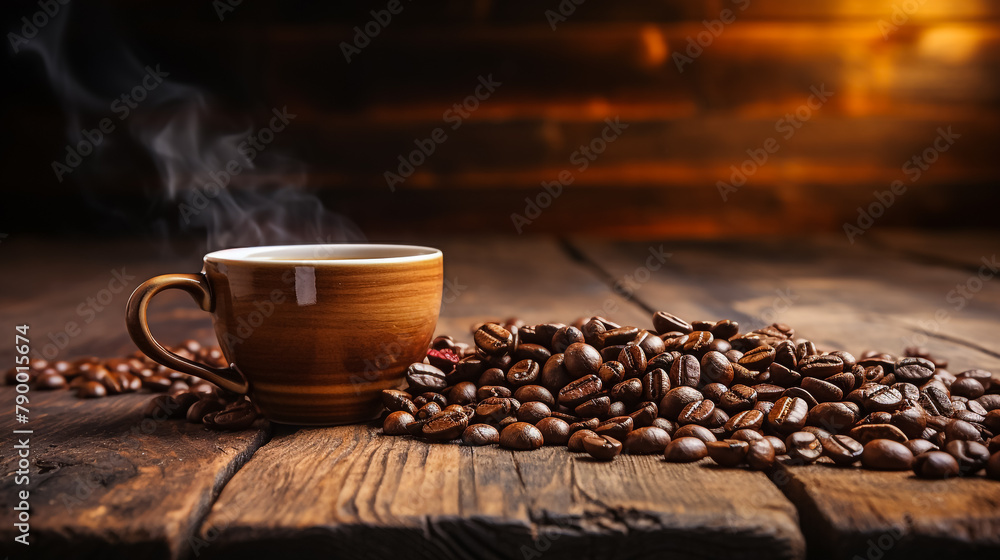 cup of coffee with beans - obrazy, fototapety, plakaty 