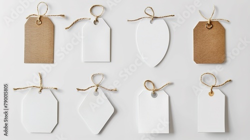 Various shape of blank white paper label or cloth tag set isolated on white background. Price tag mockup template with copy space for brand, information. Shopping, sale concept, black friday sale.