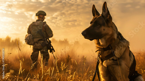 Military dog with handler in a field photo