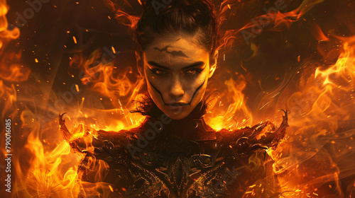 Woman in a dark fantasy surrounded by flames