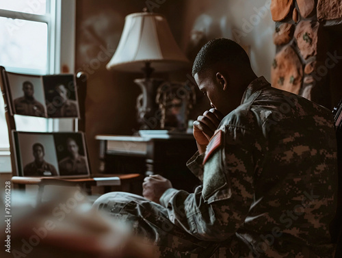 Soldier looking at photos from home