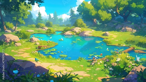 A vibrant summer forest scene unfolds with a crystal clear lake nestled on a sunlit glade surrounded by lush trees and a winding path This 2d cartoon captures the essence of nature with its 