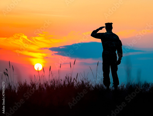 Soldier saluting against a sunset photo