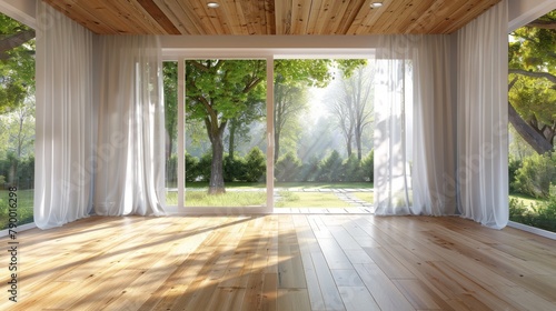 A large open room with a view of trees and a sunny day. The room is empty and has white curtains