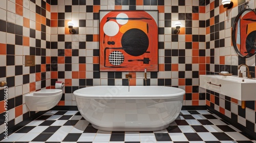Red Bathtub in Bathroom With Checkered Floor