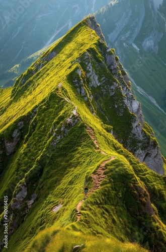Person Standing on Top of Green Mountain