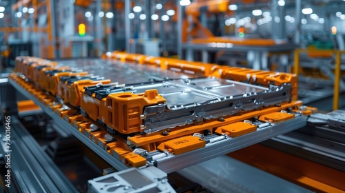 Lithium-ion High-voltage Battery Component for Electric Vehicle or Hybrid Car. Battery Module for Automotive Industry on Production Line. High Capacity Battery on Conveyor. © somneuk