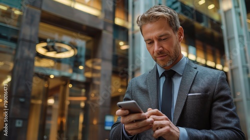 Man in a Suit Looking at a Cell Phone