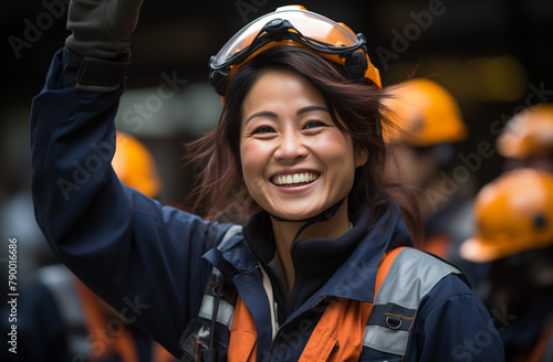 Une femme ouvrière du bâtiment japonais d'une cinquantaine d'années sourit et fait la fête avec une main levée sur le côté de la tête, portant un ouvrage bleu marine.
