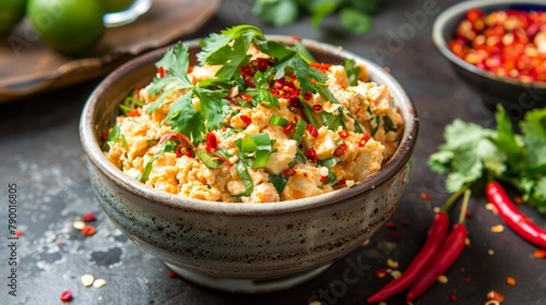 A bowl of spicy red ant egg salad, garnished with herbs and chili peppers, offering a bold and flavorful Thai appetizer.