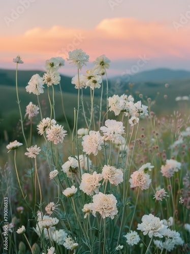 Field of White Flowers at Sunset