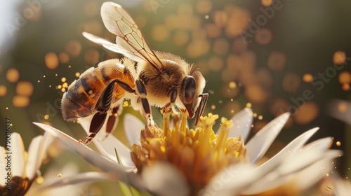 A close-up of a honeybee collecting pollen from a flower, showcasing the intricate process of pollination essential for plant reproduction. photo