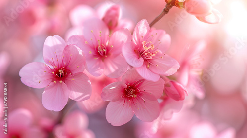 Spring blossom background. Beautiful nature scene with blooming tree and sun flare. Sunny day. Spring flowers. Beautiful Sakura. Abstract blurred background. Springtime
