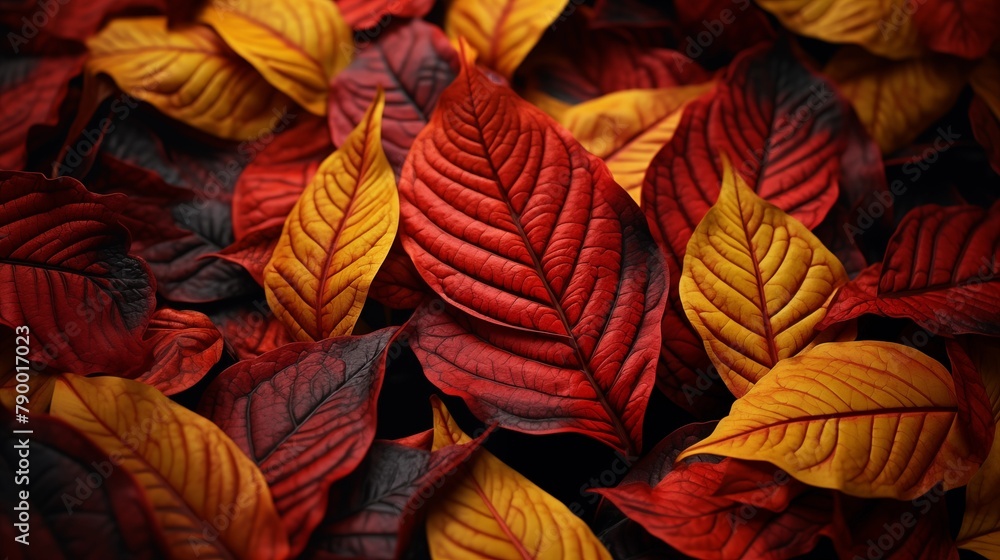 A close-up of crimson and gold leaves intertwined on a forest floor, showcasing the vibrant colors and intricate details of autumn