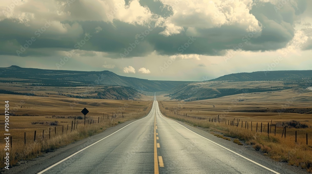 A highway stretching into the distance, disappearing into the horizon amidst vast open plains and dramatic skies, symbolizing the journey ahead.