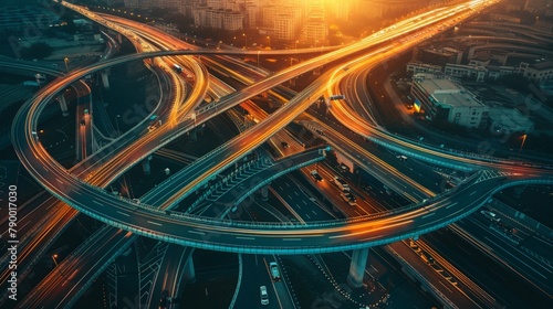 A highway interchange at sunset, with cars merging onto different lanes as they continue their journeys to various destinations. photo