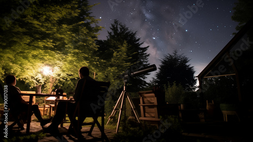 Un astronome amateur observe les étoiles depuis son observatoire personnel situé dans son jardin arrière. La nuit est claire et les étoiles scintillent intensément dans le ciel sombre. L'astronome, éq photo