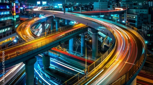 A highway overpass at night, illuminated by the glow of city lights, as cars streak by below, creating a dynamic urban scene.