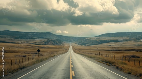 A highway stretching into the distance, disappearing into the horizon amidst vast open plains and dramatic skies, symbolizing the journey ahead. © chanidapa